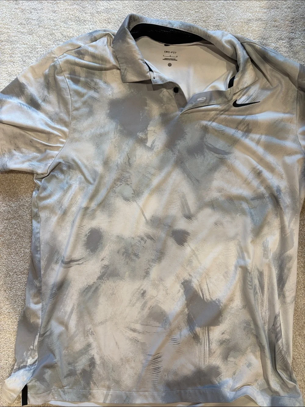 Nike Men’s White and Gray Dri-FIT Polo with Tonal Abstract Pattern